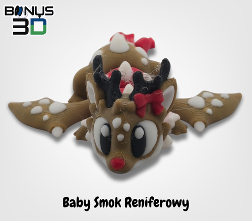 Baby Smok Reniferowy – świąteczna figurka 3D smoka z rogami, widok z przodu